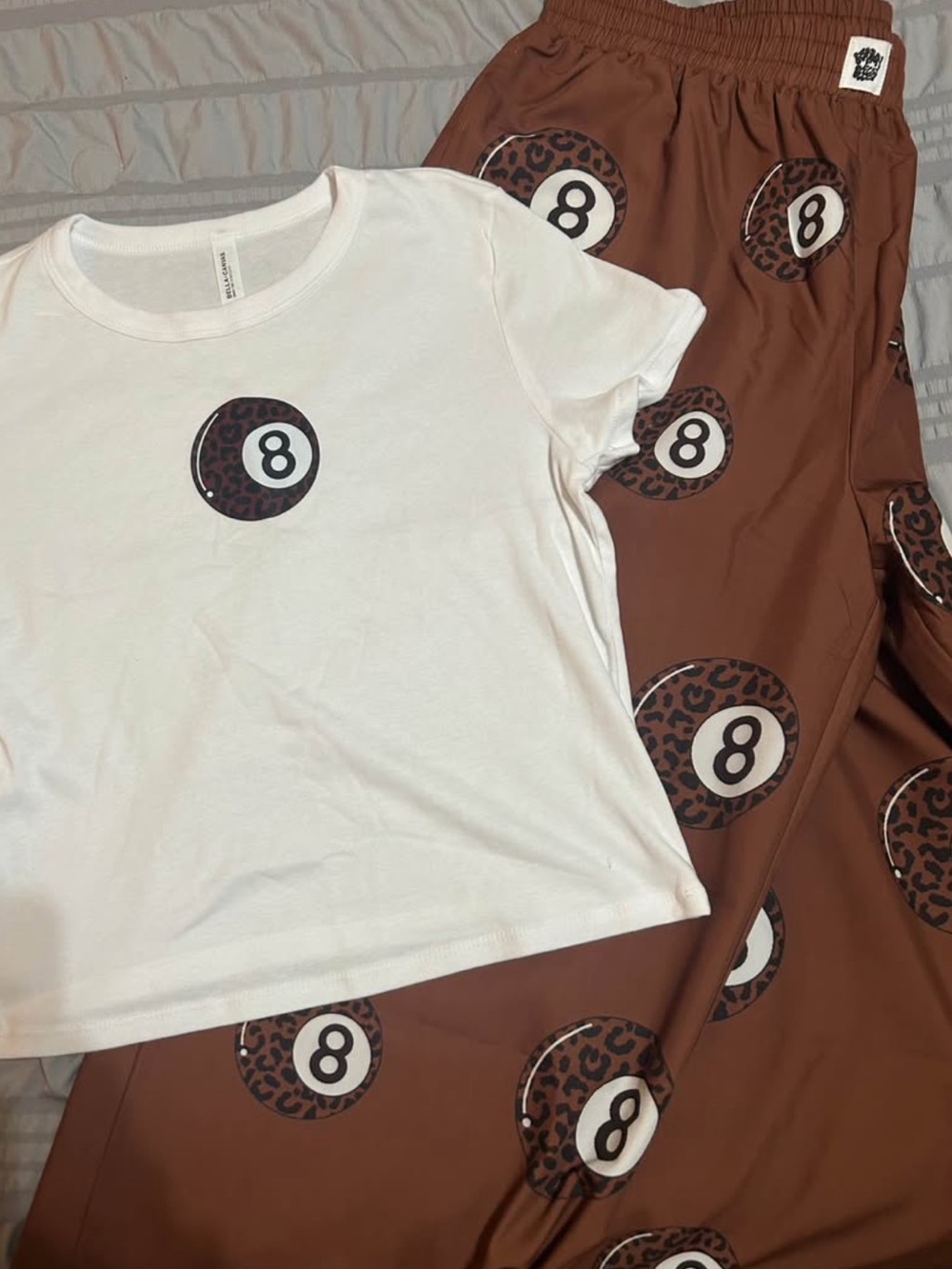 Bourbon & Belles White Crop Tee & Brown 8-Ball Print Pants Set